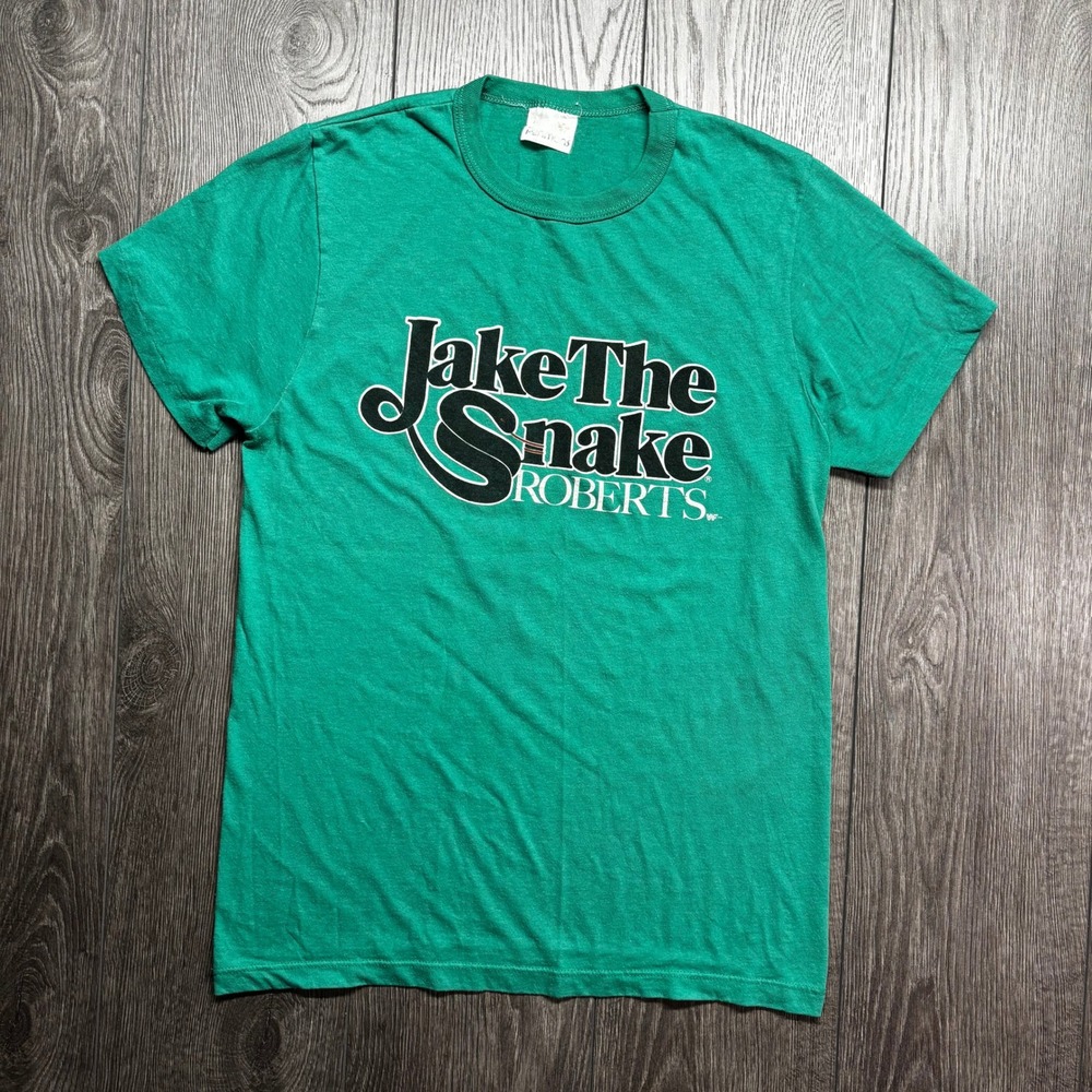 Vintage 1980s WWF Jake The Snake Roberts Medium Shirt Green Penman Single Stitch